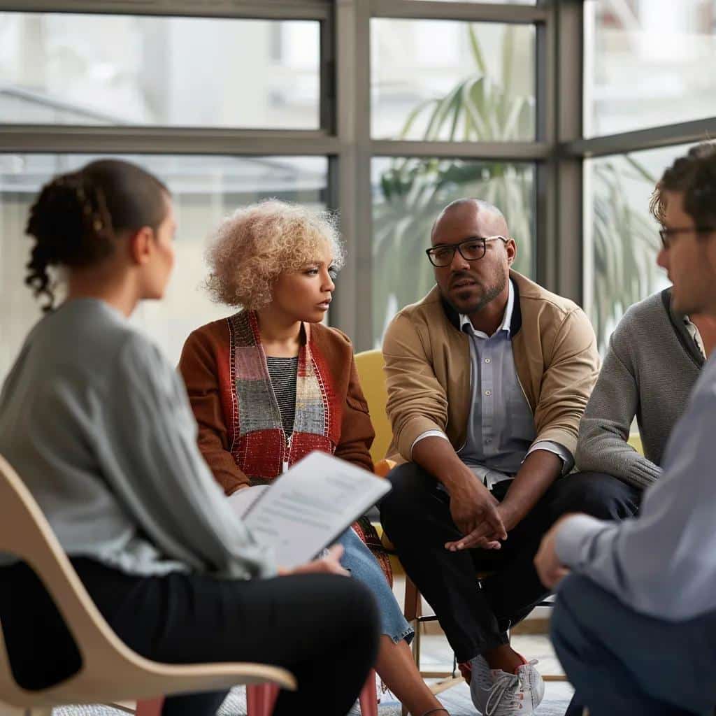 Group therapy session illustrating different types of therapy covered by TRICARE
