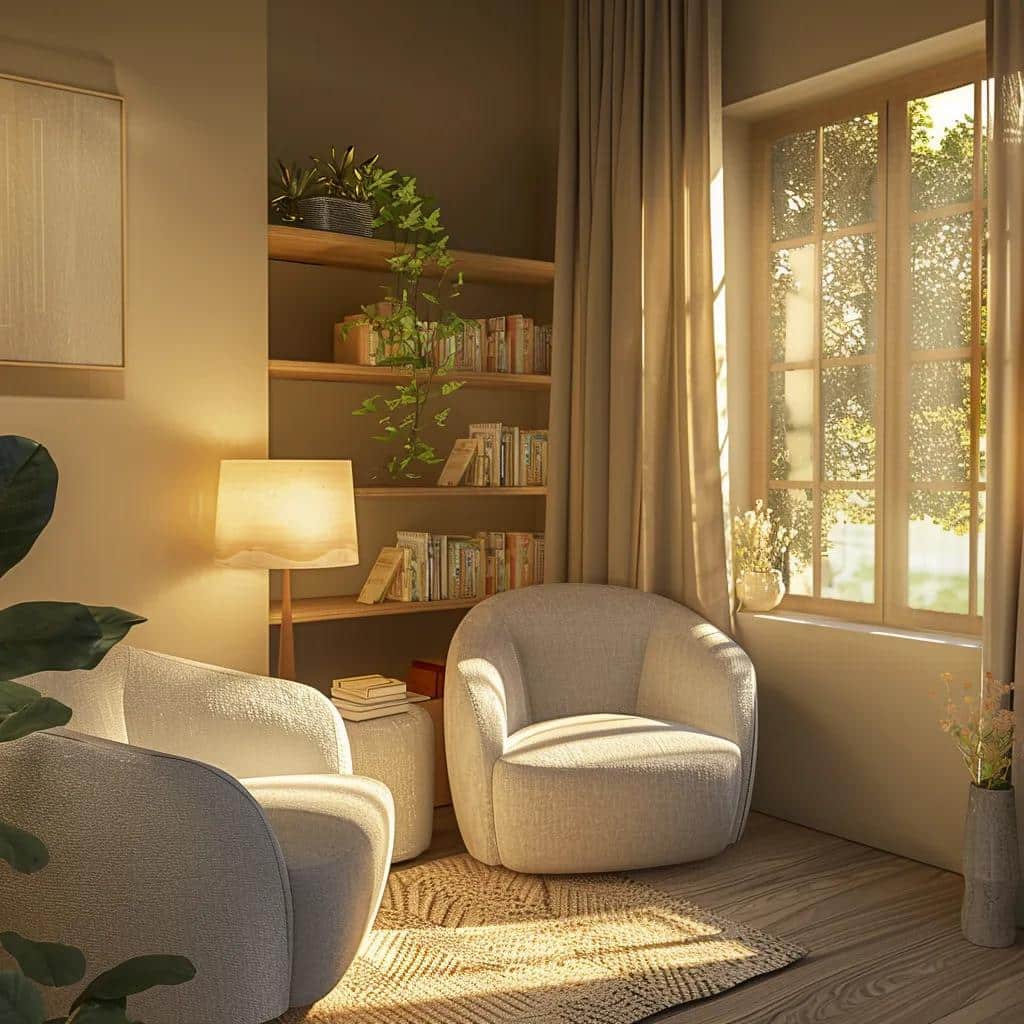 Cozy therapy room with comfortable seating and calming decor, representing mental health support