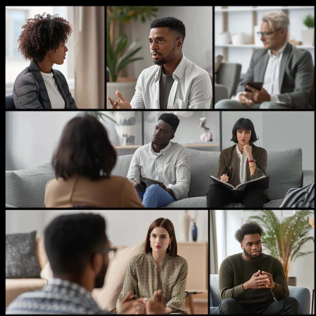 Collage of therapy sessions illustrating various modalities like CBT and Family Therapy