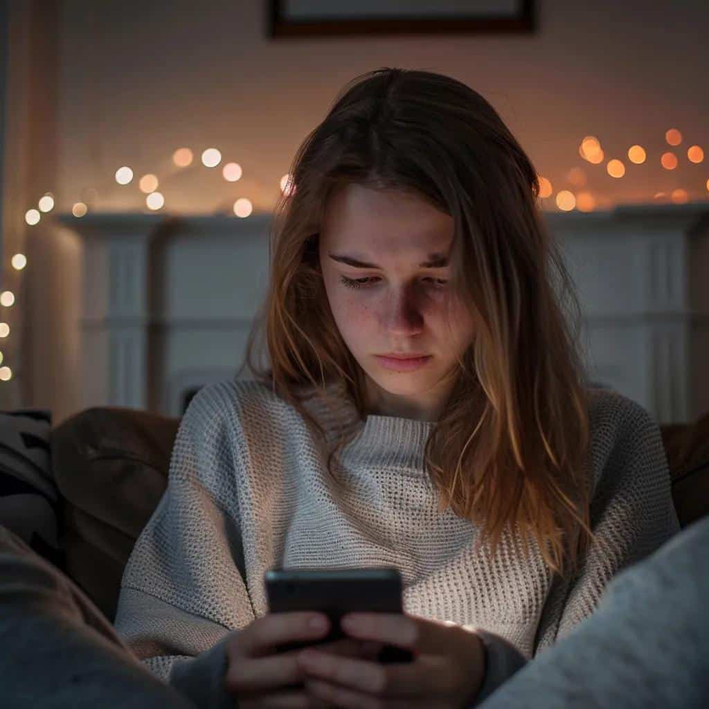 Young person looking anxious while using a smartphone, highlighting social media's role in anxiety disorders