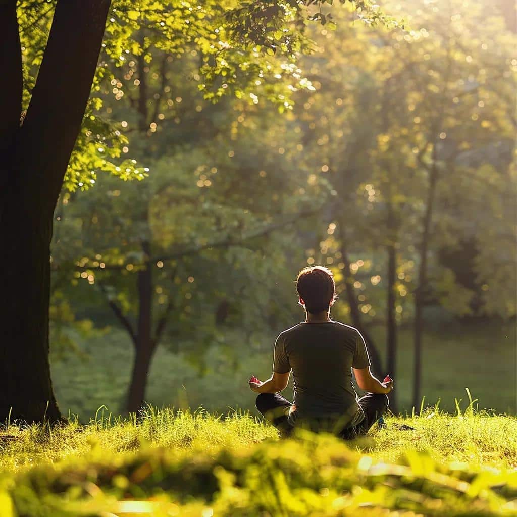 Individual practicing mindfulness meditation in nature, illustrating the benefits of emotional health