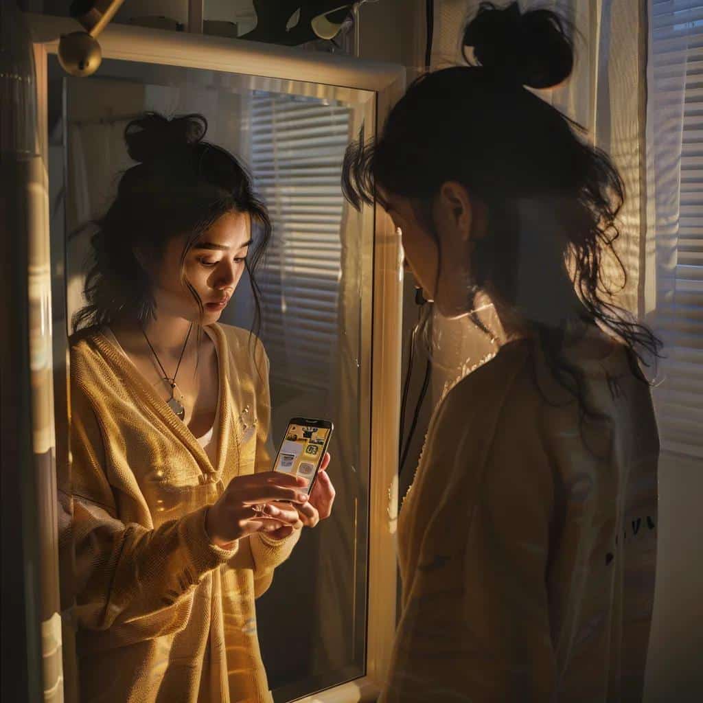 Young woman reflecting on her body image while looking at a mirror, influenced by social media