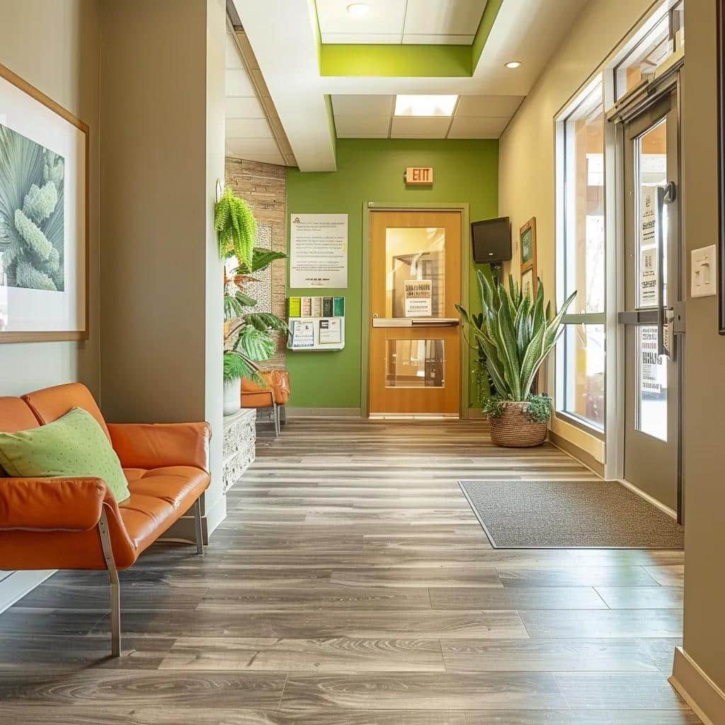 Welcoming entrance of a mental health support center in Orange County with green accents