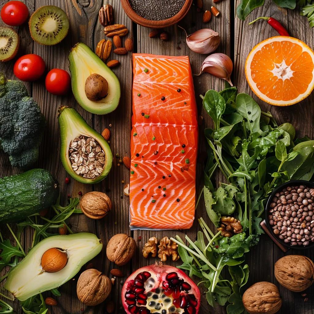 Healthy foods including salmon, walnuts, and leafy greens representing the role of nutrition in mental health