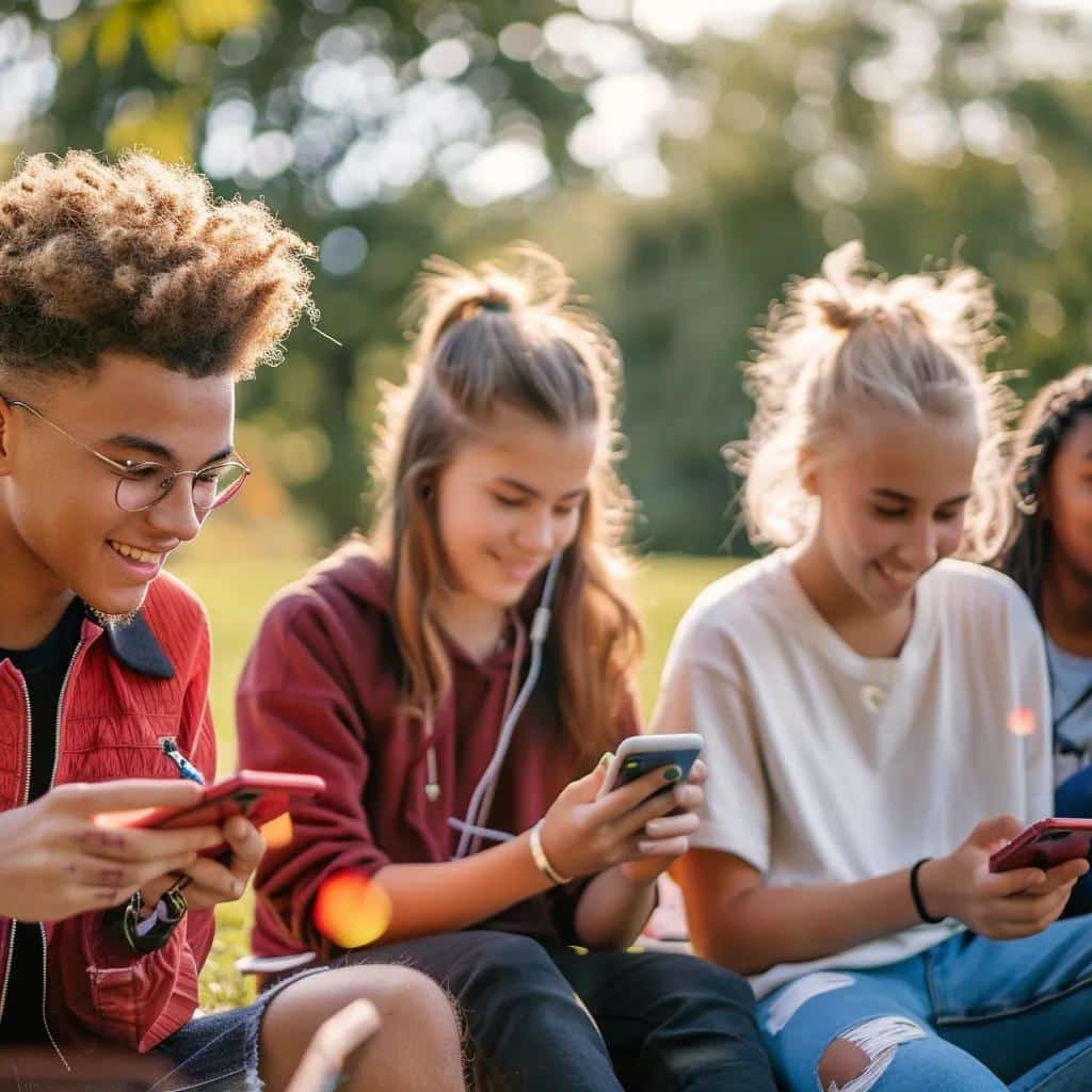 Teenagers using smartphones in a park, illustrating social media's influence on mental health