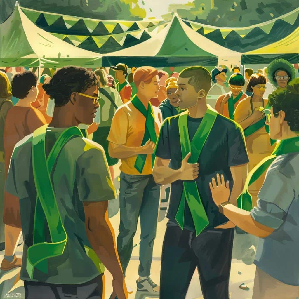 Green ribbon symbolizing mental health awareness at a community event with diverse individuals