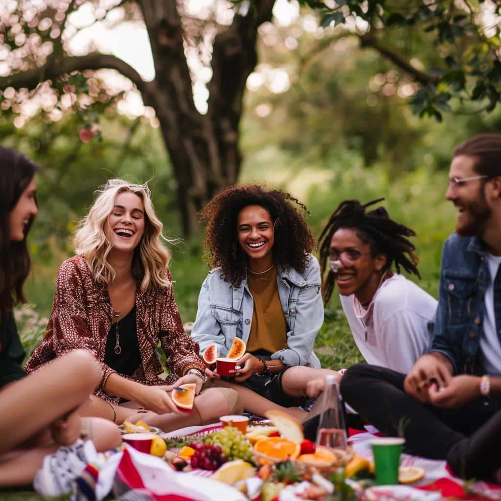 Group of friends enjoying a picnic in a park, illustrating the influence of social connection on mental health
