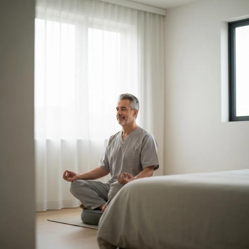 Caregiver practicing mindfulness meditation at home to manage stress and avoid burnout