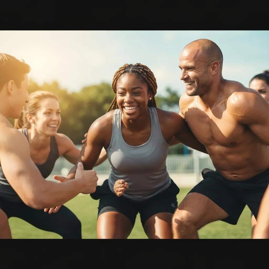Athletes supporting each other in training, emphasizing mental health and teamwork