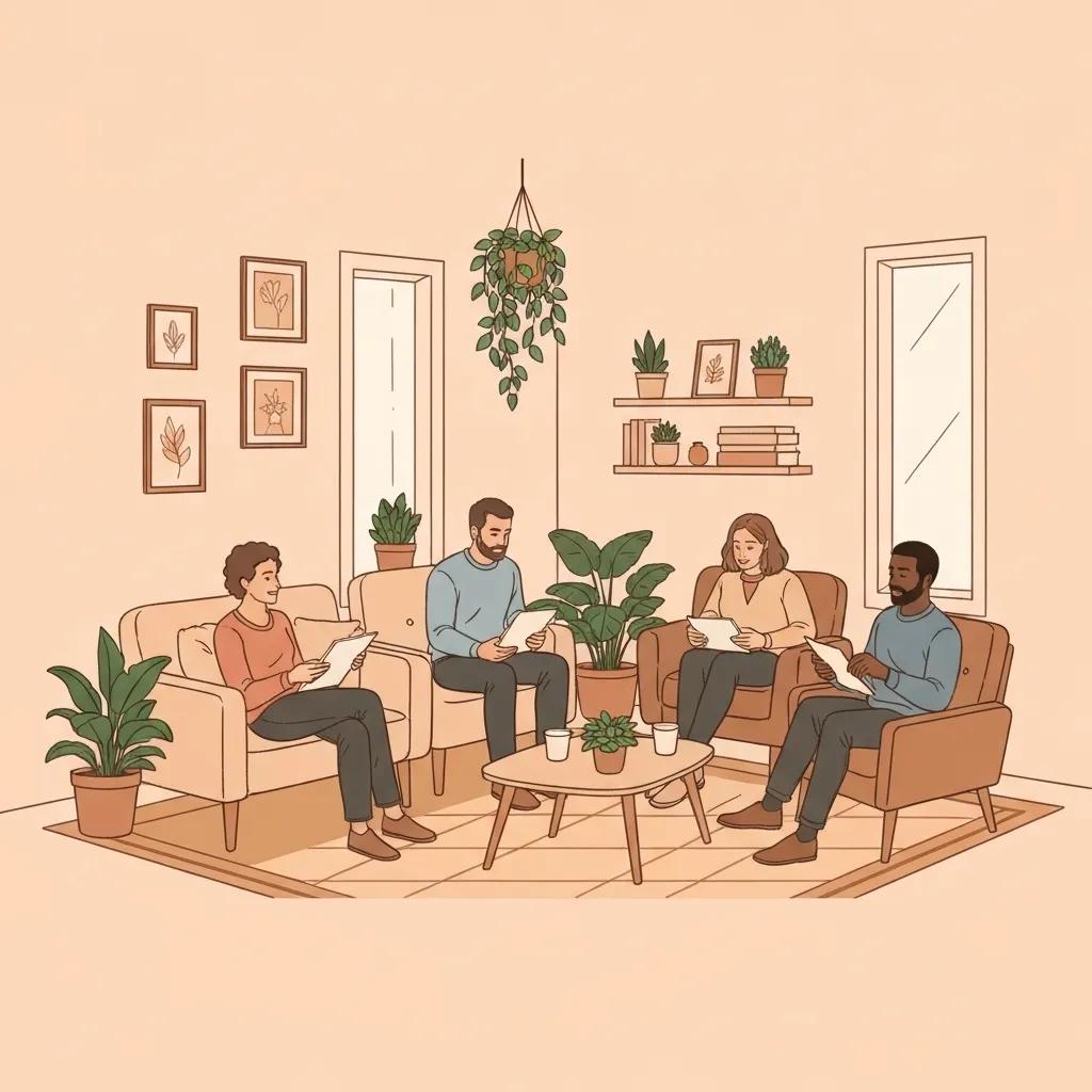 Supportive therapy session with diverse individuals in a cozy environment, emphasizing mental health care