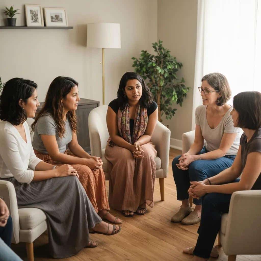 Women participating in a group therapy session, highlighting the importance of gender-specific mental health treatment. Womens Mental Health.
