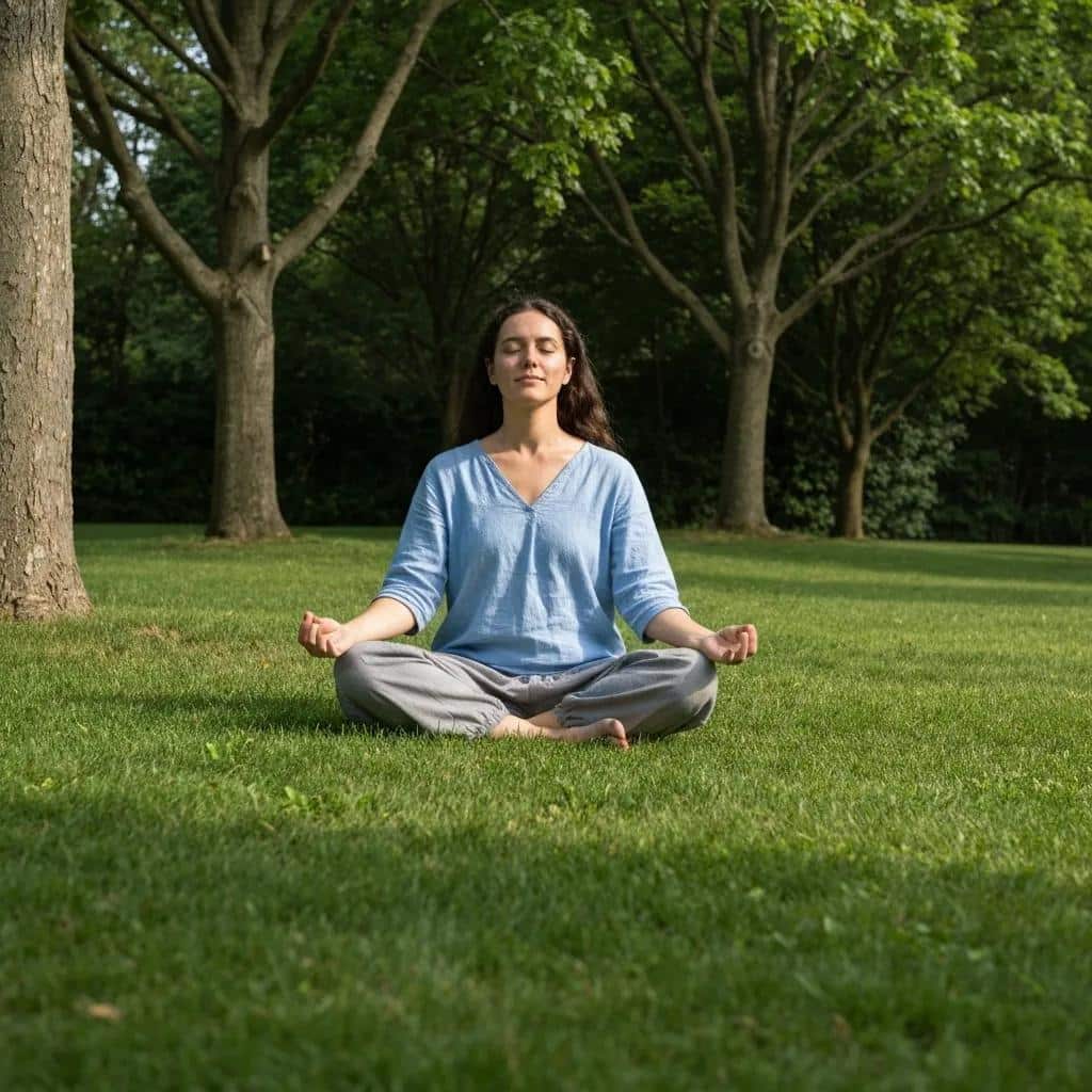Individual practicing mindfulness outdoors, representing anxiety management and self-care. Mental Health Matters.
