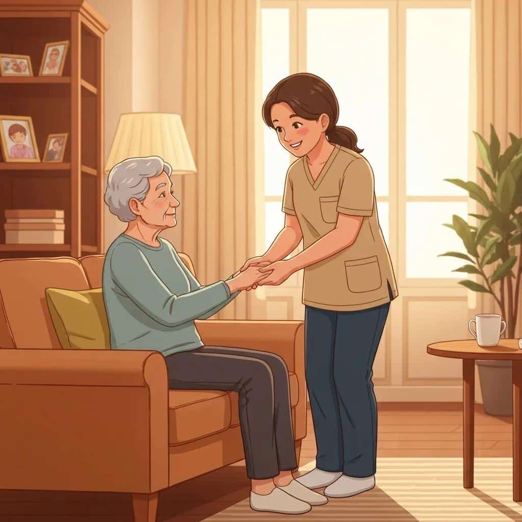 Caregiver supporting an elderly person with dementia in a cozy living room