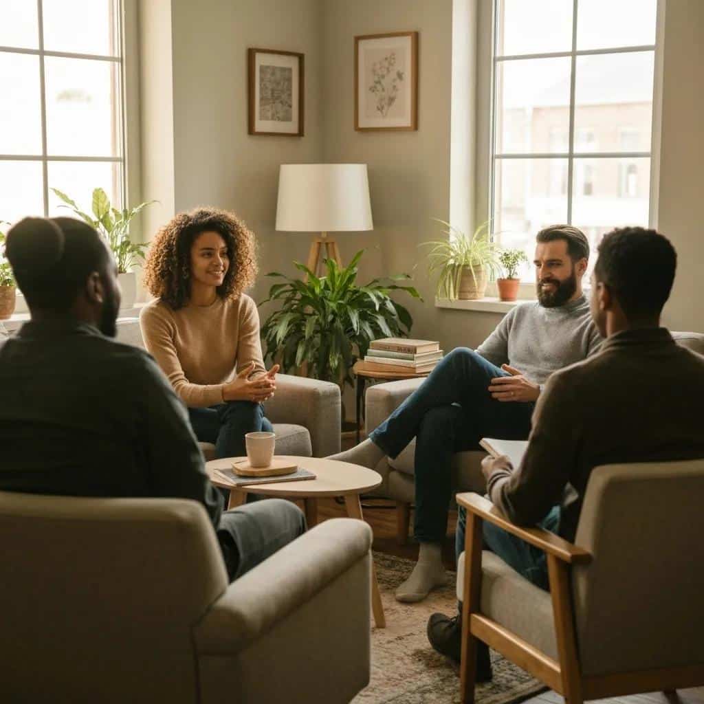 Diverse group discussing mental health in a supportive environment