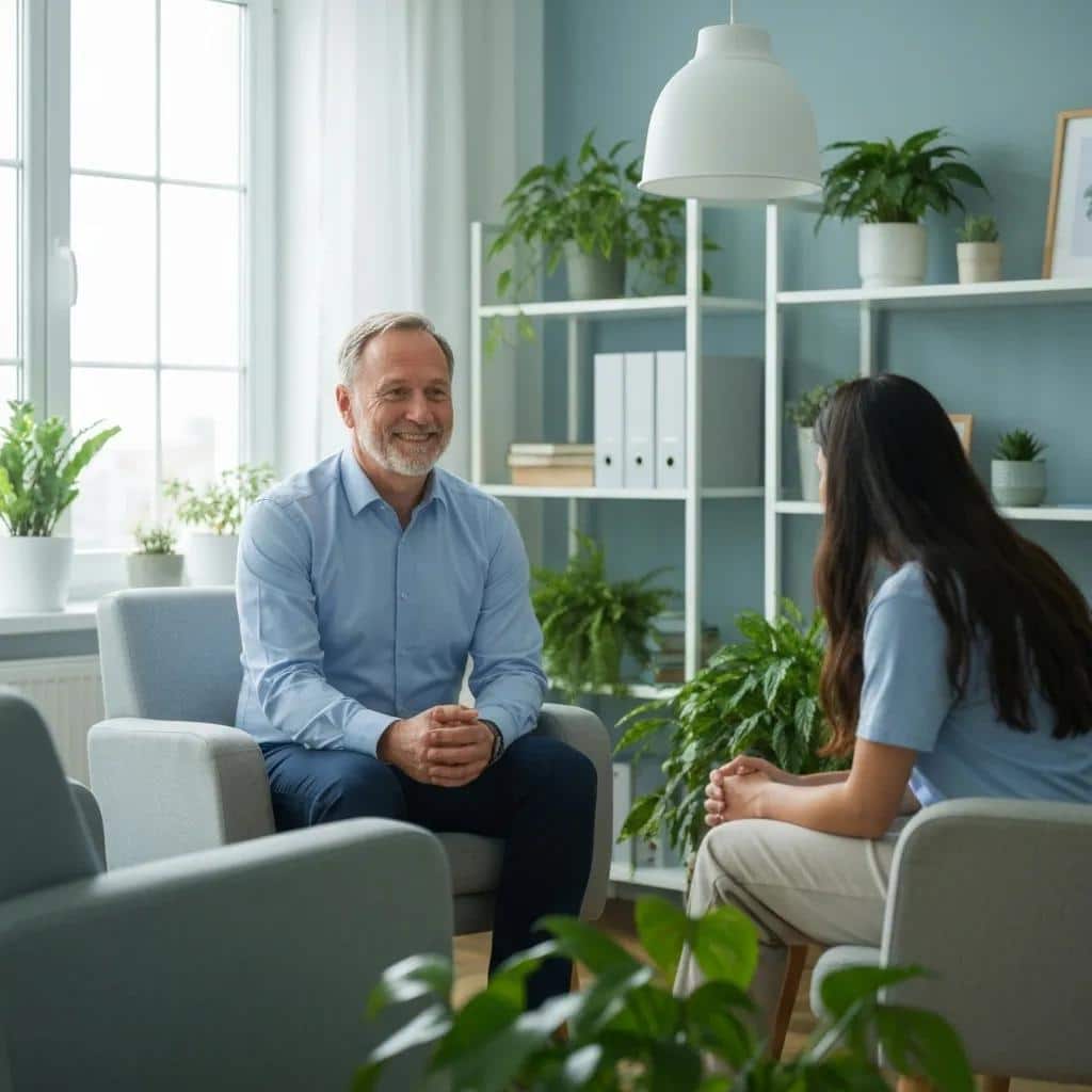 Mental health therapy session in a calming clinic environment, emphasizing support and compassion