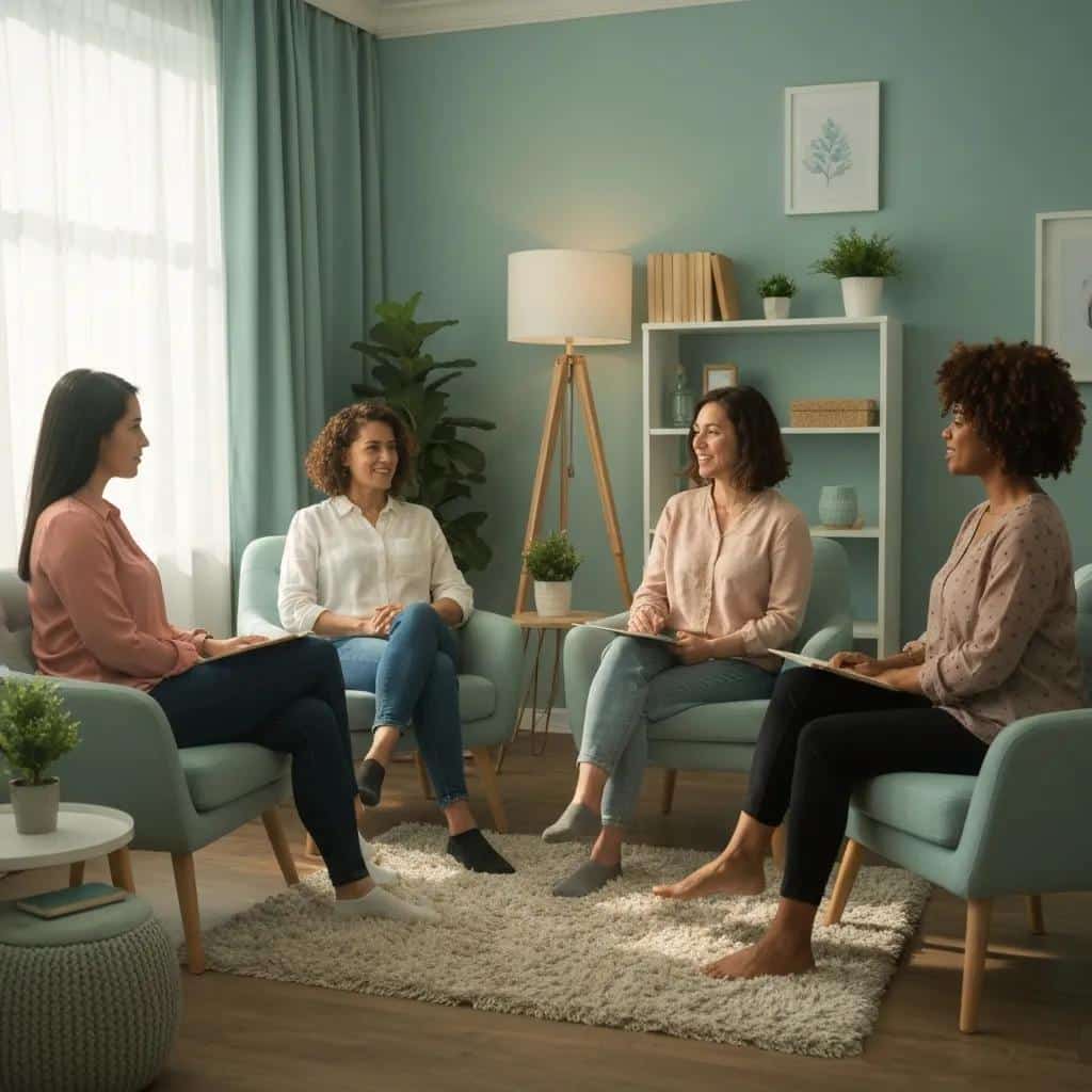 Diverse women in a supportive therapy setting, emphasizing community and mental health awareness