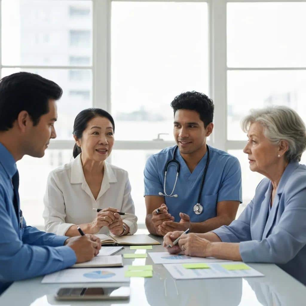 Collaborative mental health treatment planning session among professionals, emphasizing teamwork and personalized care