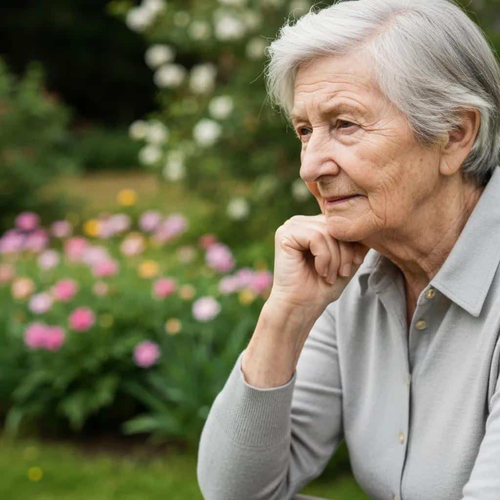Elderly person reflecting on mental health symptoms associated with dementia in a garden