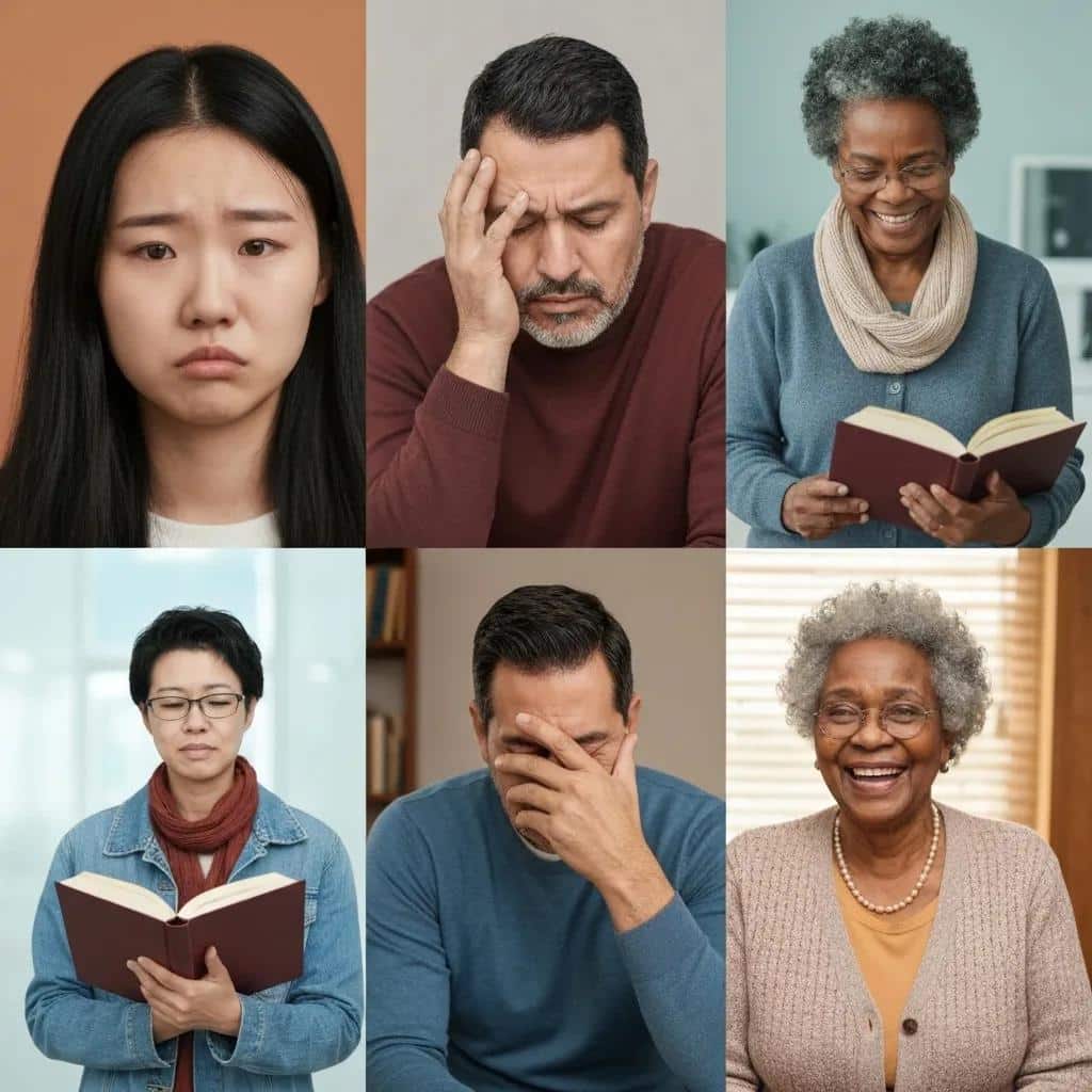 Diverse individuals showcasing emotions related to common mental health disorders