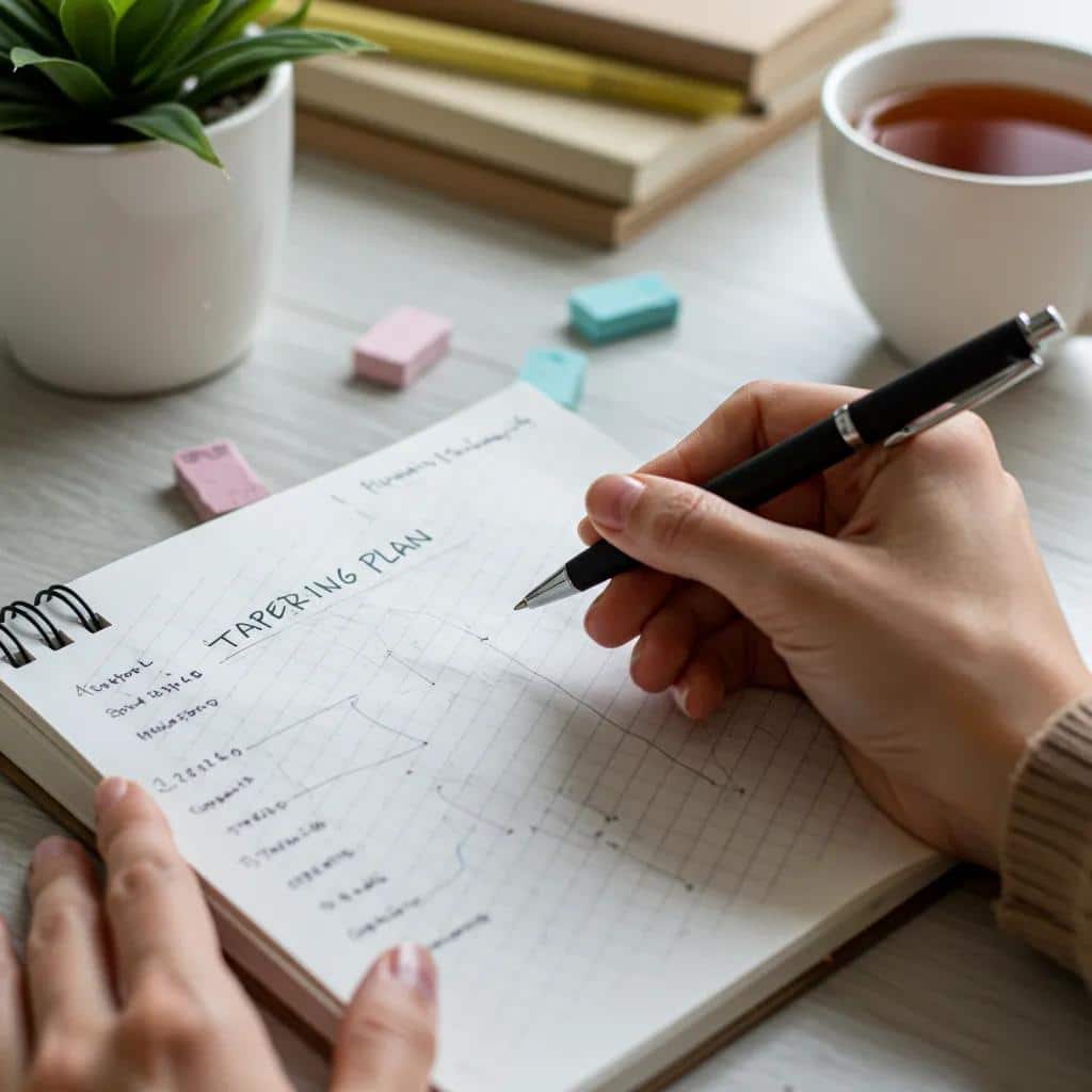 A hand writing a tapering plan on a notepad, highlighting the importance of careful planning in Lexapro withdrawal. Lexapro Withdrawal Timeline.