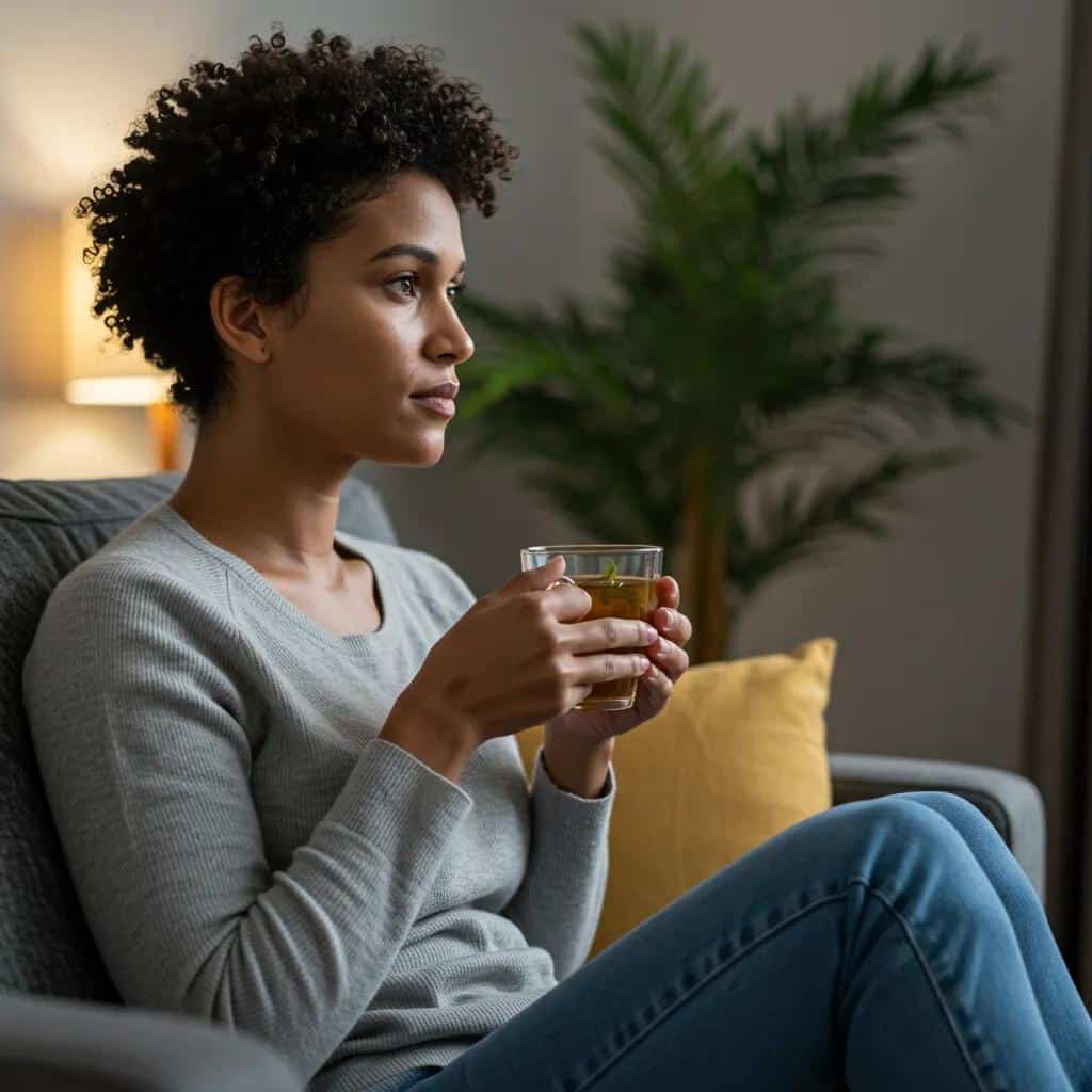 A person in a cozy setting holding a cup of tea, symbolizing comfort during Lexapro withdrawal