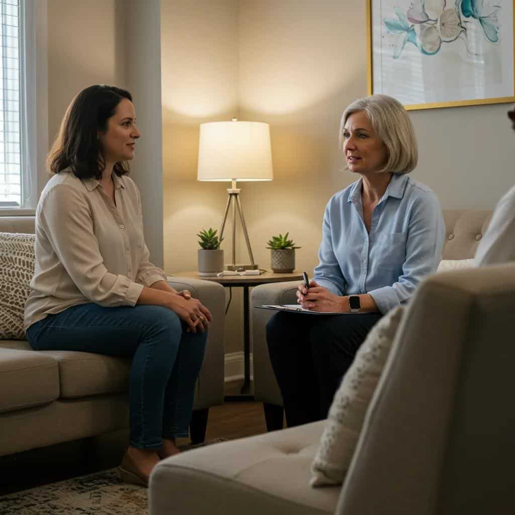 A therapist and client in a supportive conversation, illustrating the role of therapy in managing Lexapro withdrawal