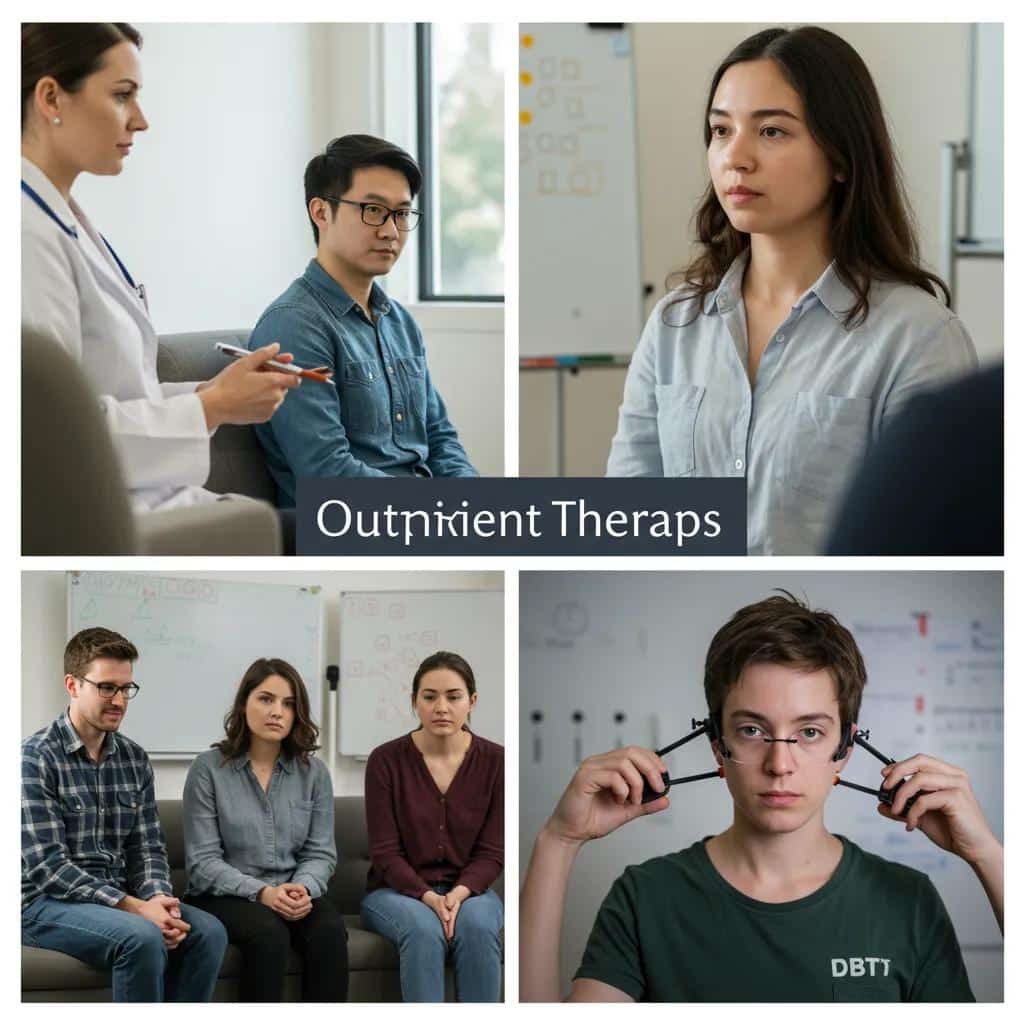 Collage of various outpatient mental health therapies including CBT, DBT, and EMDR