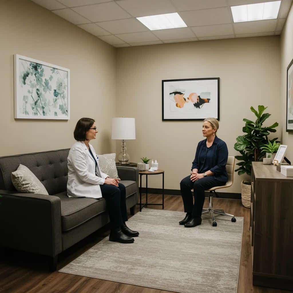 Comfortable clinical setting for a psychiatric assessment, highlighting supportive mental health care