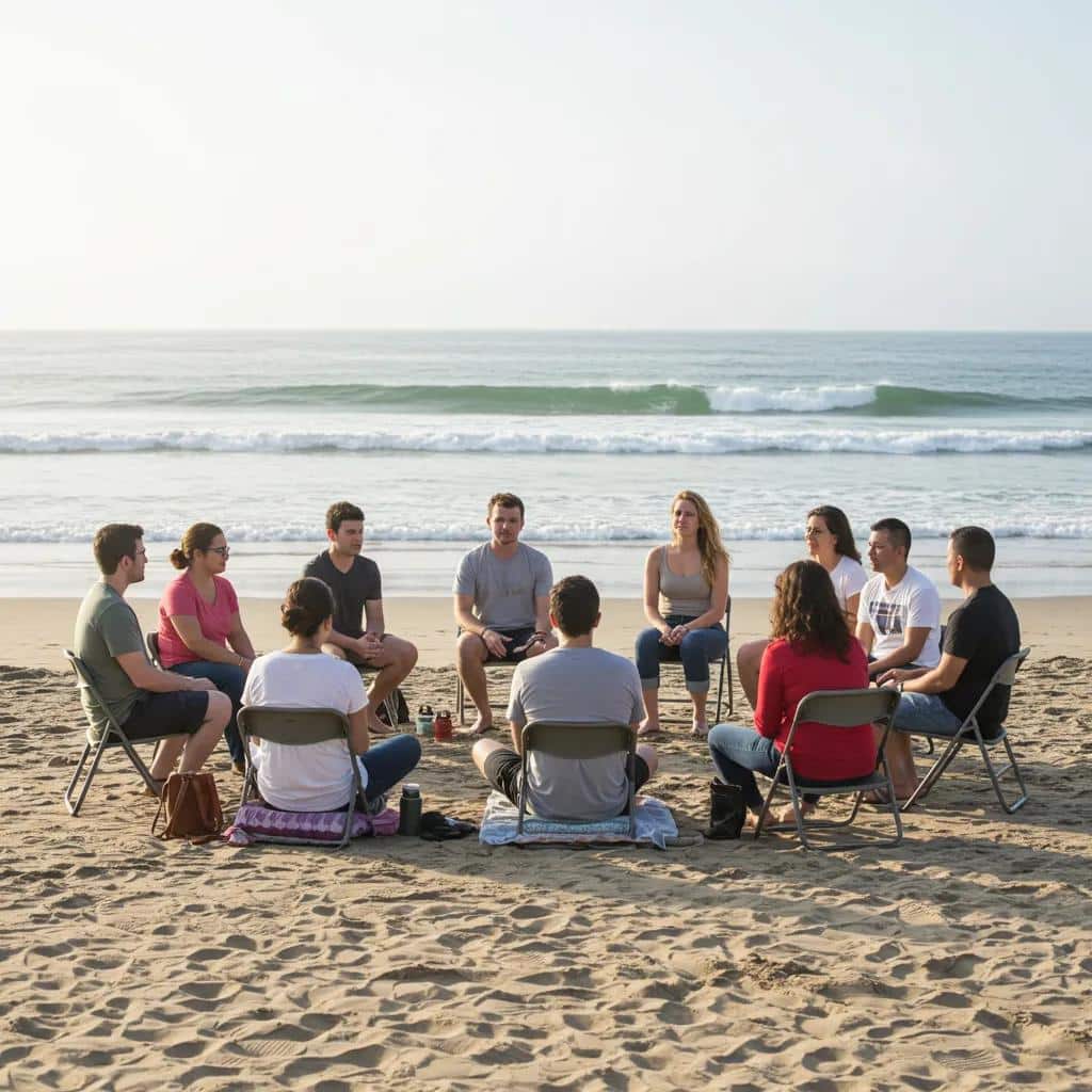 Group therapy session on the beach in Huntington Beach, highlighting the benefits of therapy and counseling for mental health