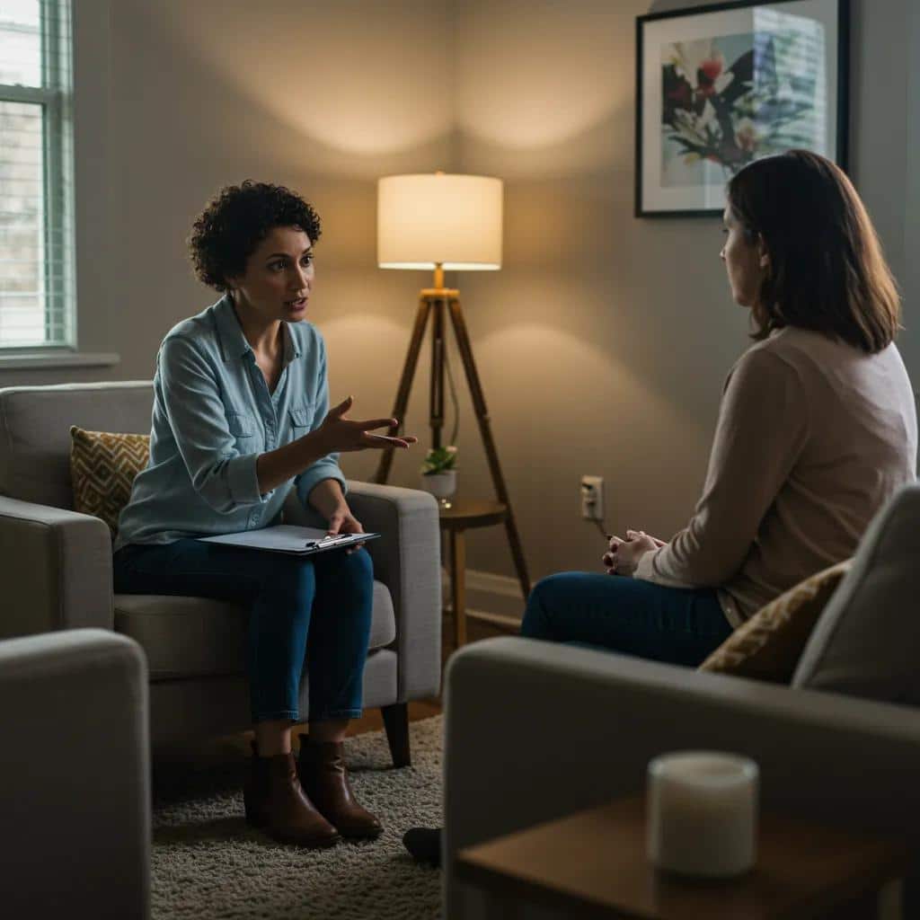 Therapist and client in a reflective conversation, illustrating the process of fostering self-awareness in therapy