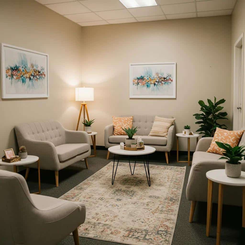 Therapy room designed for mental health treatment, featuring comfortable seating and calming decor