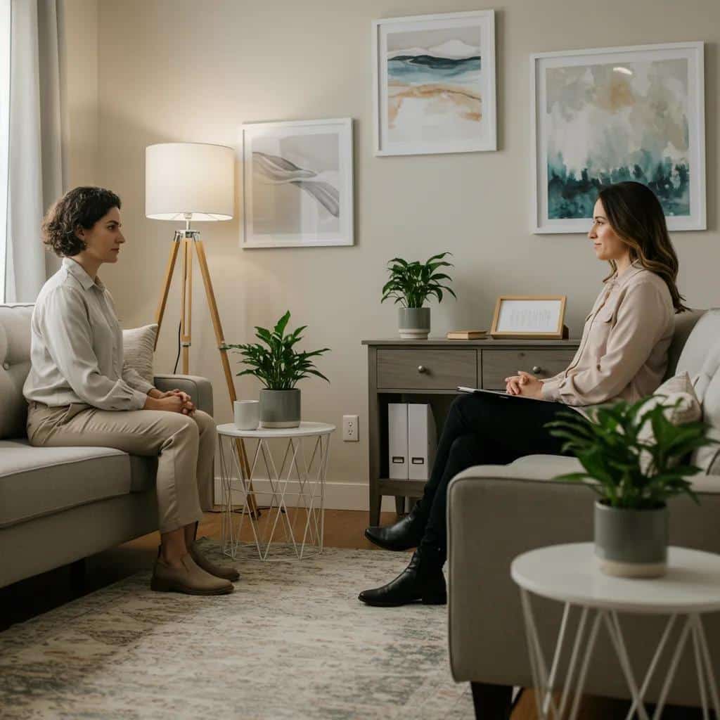 Therapy session in a cozy room illustrating outpatient mental health treatment