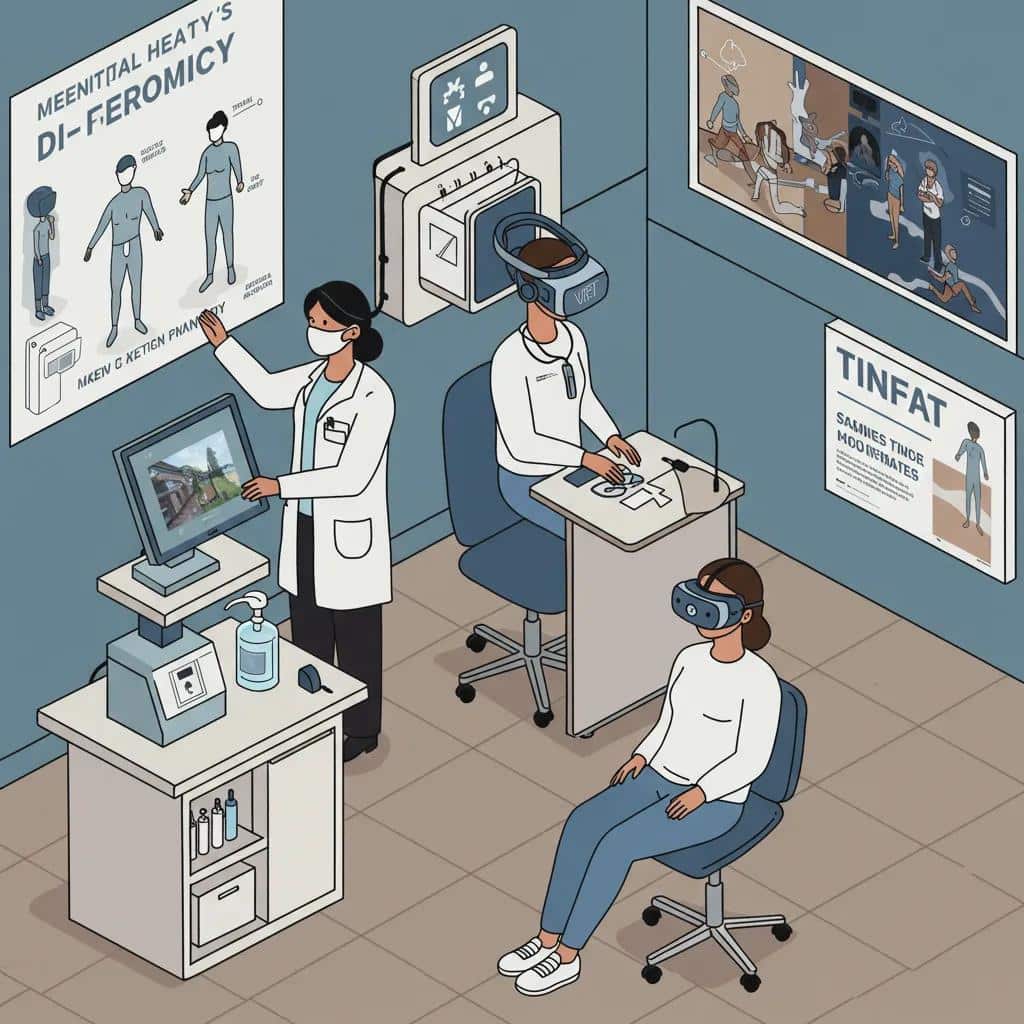 Clinician preparing virtual reality therapy equipment in a mental health clinic