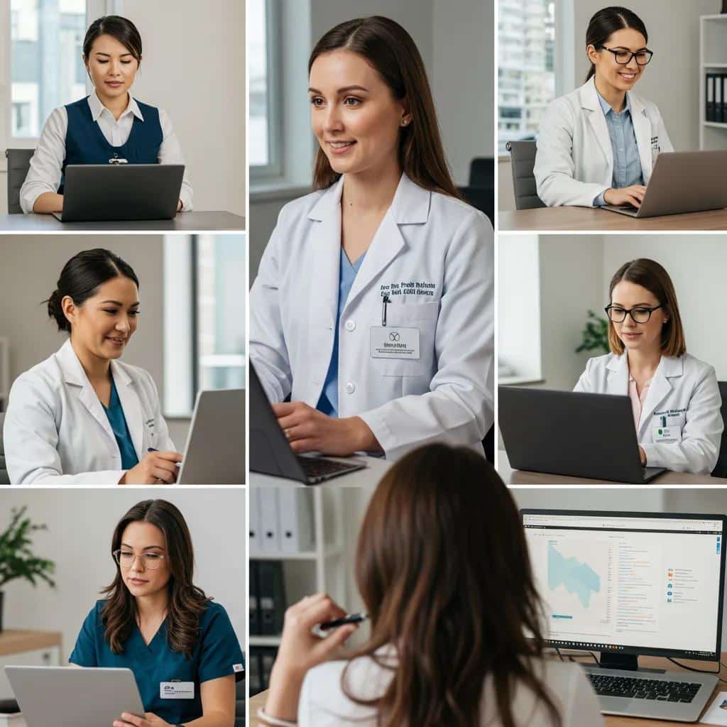 Collage of mental health professionals including therapist, psychologist, psychiatrist, and nurse practitioner in virtual settings