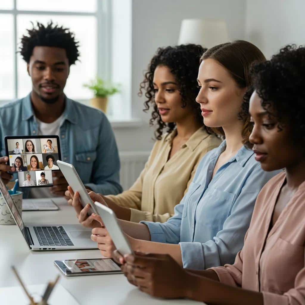 Group of individuals engaged in a virtual therapy session highlighting the benefits of telehealth