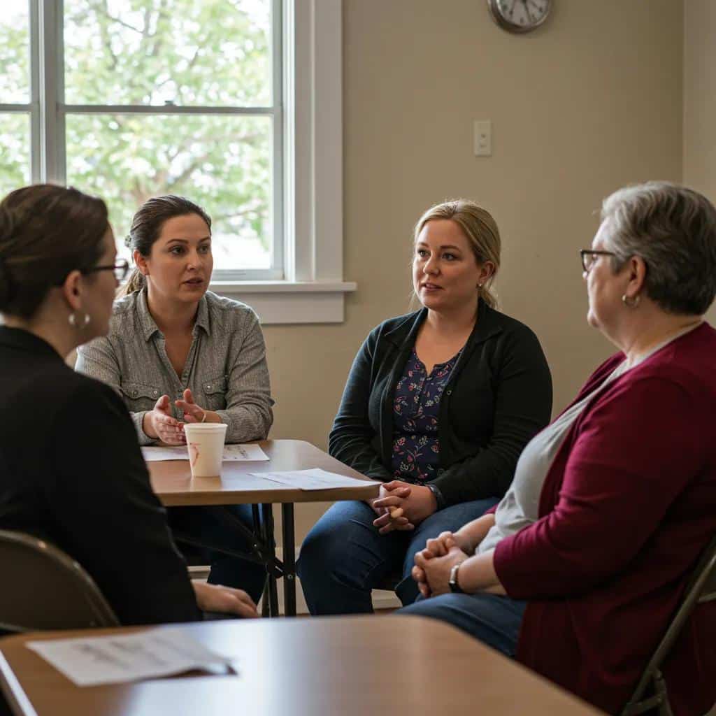 Group of women in a community center discussing mental health resources, emphasizing support and connection