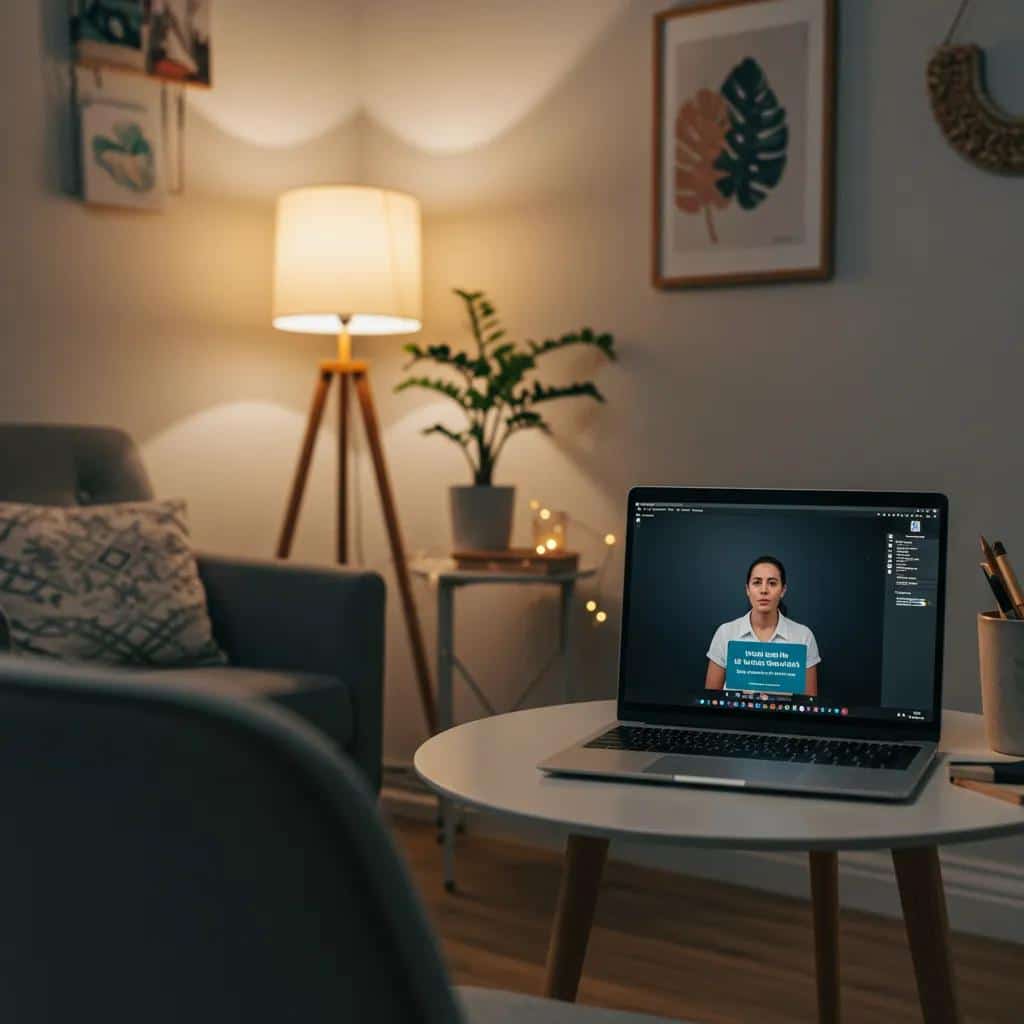 Home office setup for virtual mental health sessions with a laptop and calming decor