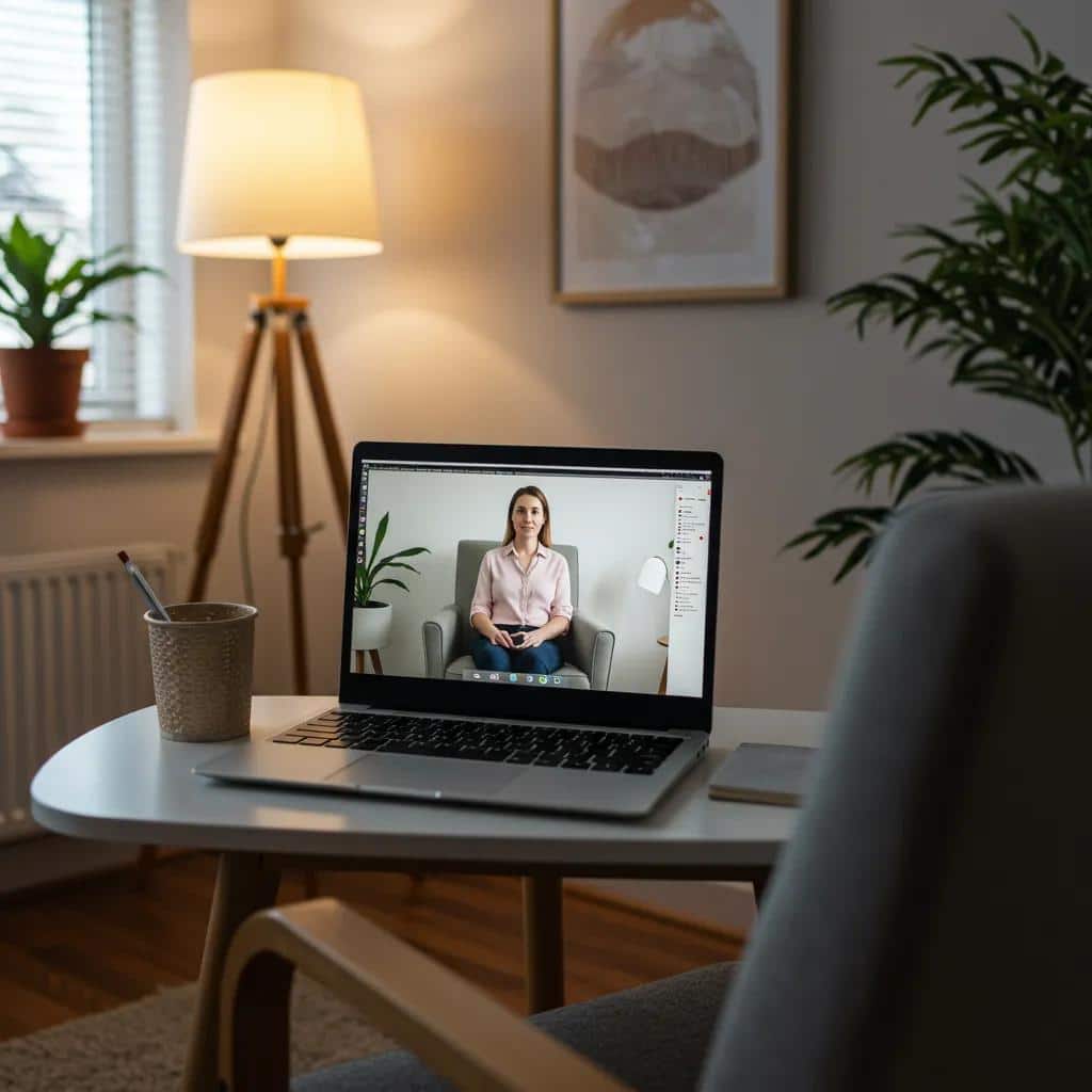 Home office setup for virtual mental health therapy with a laptop and calming decor