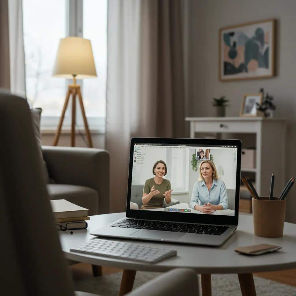 Home office setup for virtual mental health therapy with a laptop and calming decor