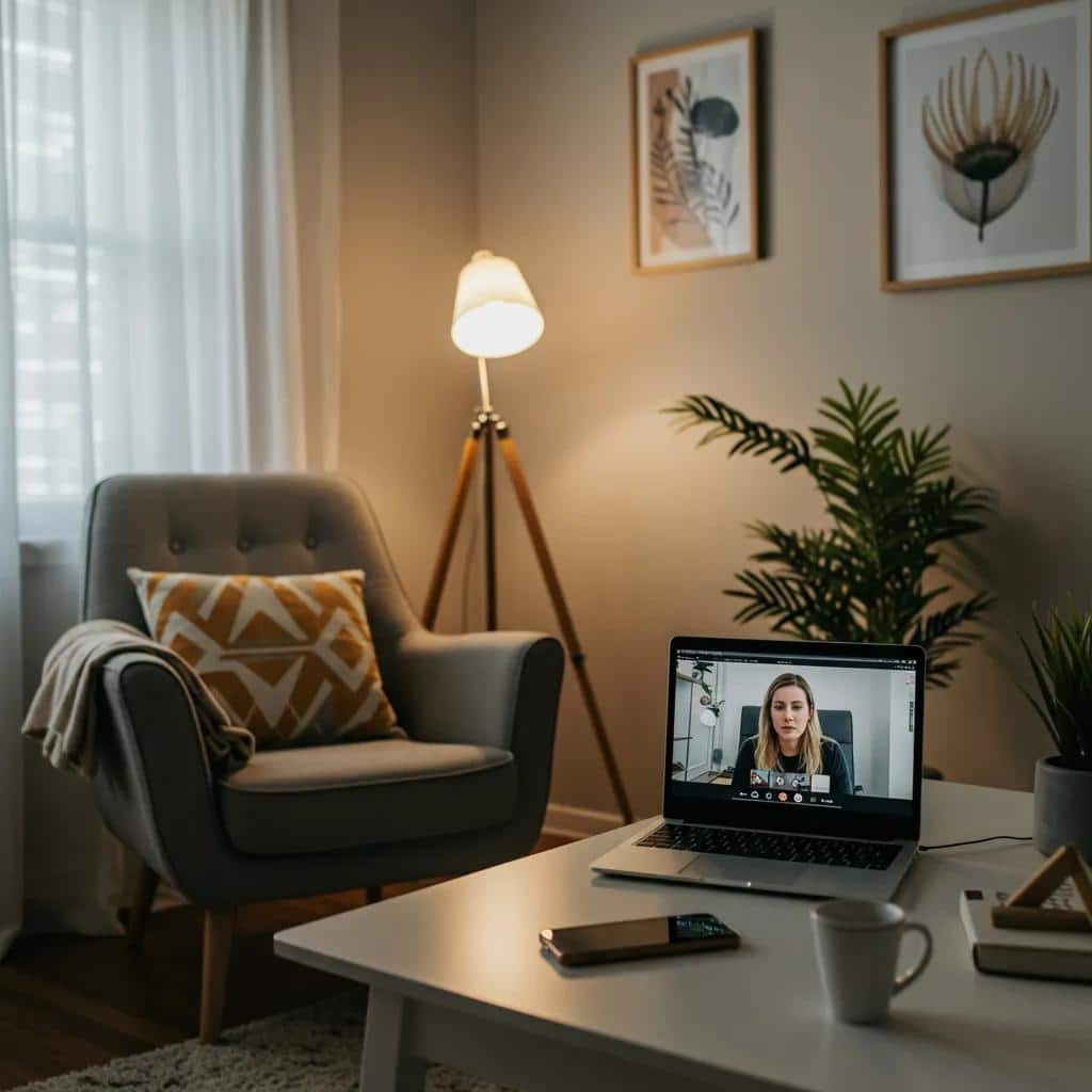 Home office setup for virtual therapy with a laptop and calming decor