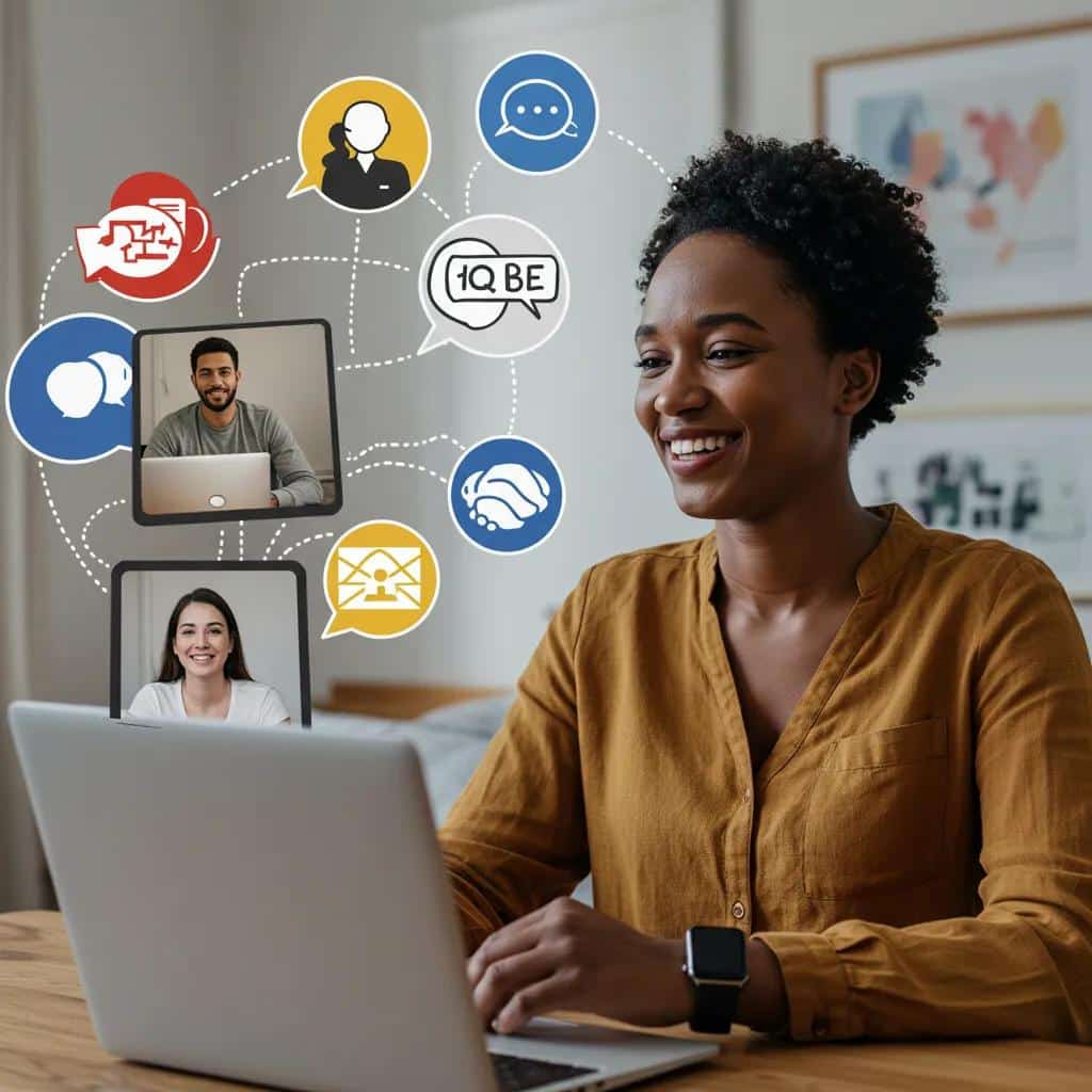 Individual enjoying the benefits of virtual mental health support groups with symbols of connection and support