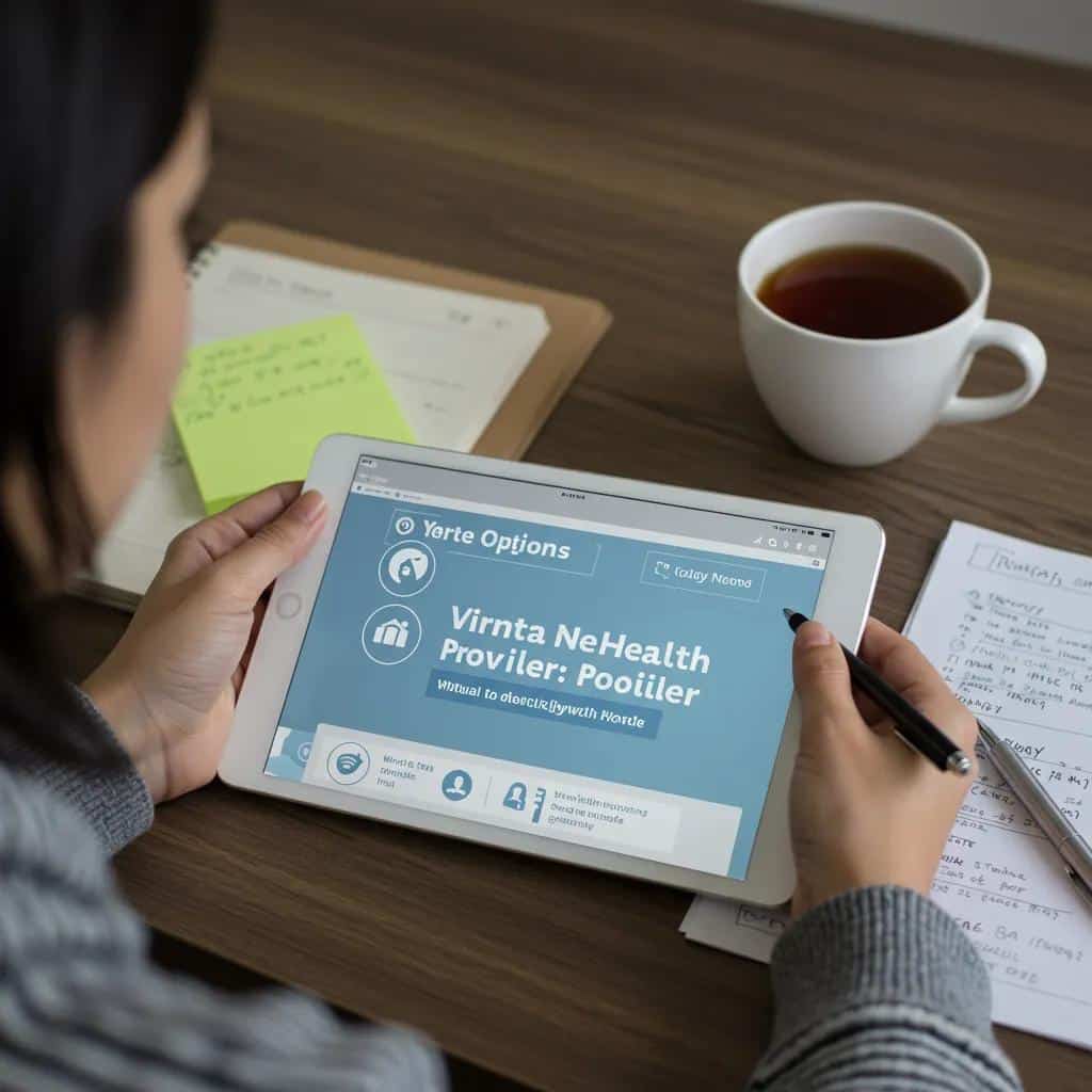 Individual evaluating virtual mental health providers on a tablet, emphasizing the selection process for quality care