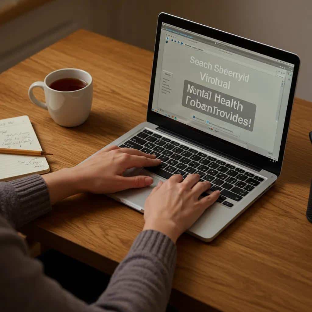 Individual searching for virtual mental health providers on a laptop in a cozy home office setting