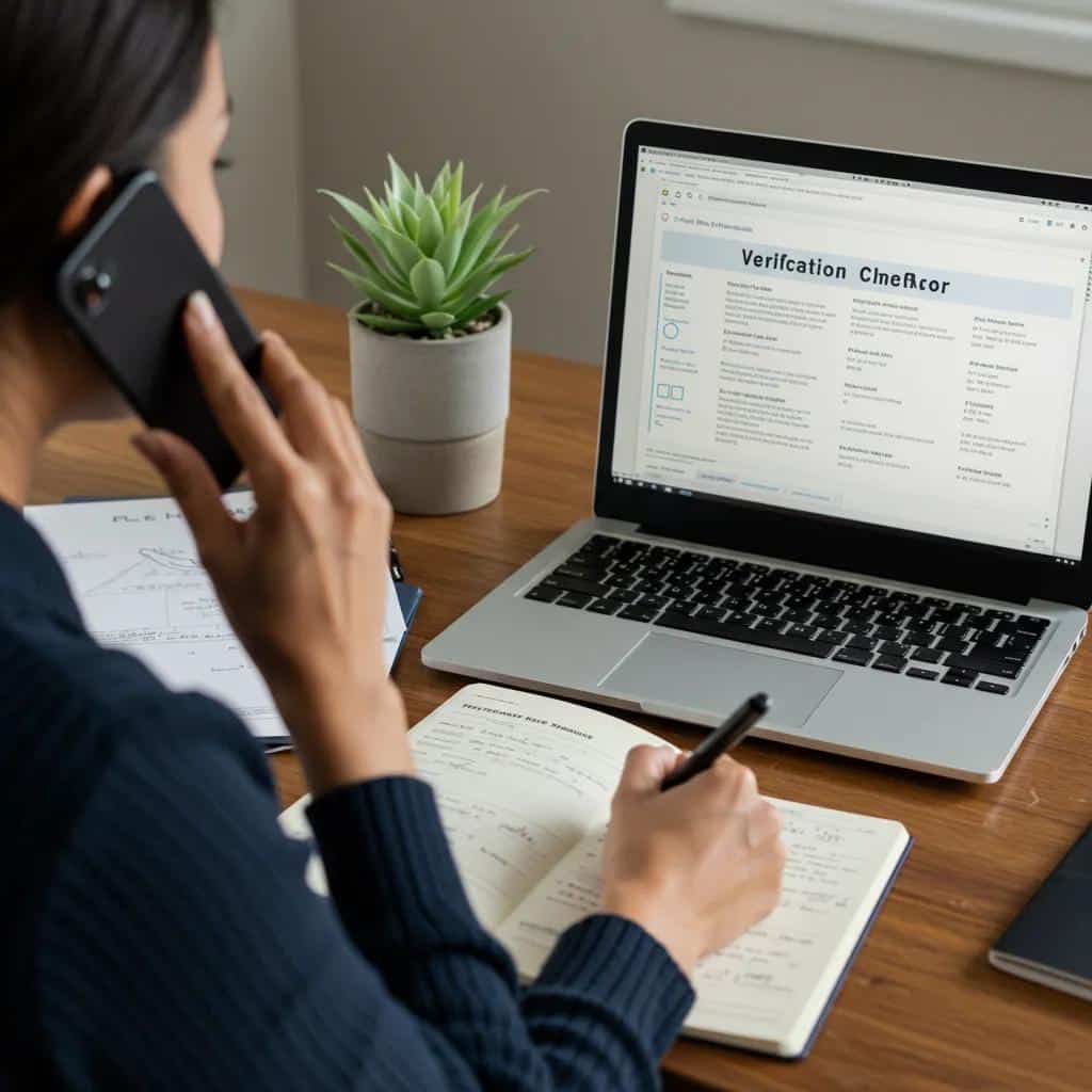 Individual verifying mental health insurance on a phone call with documents and a laptop