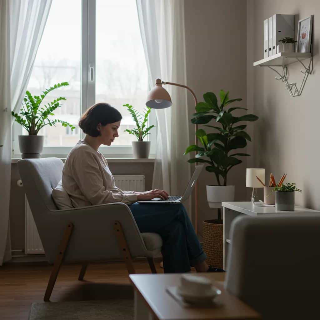 Person engaged in a virtual therapy session in a cozy home office, representing online CBT for OCD