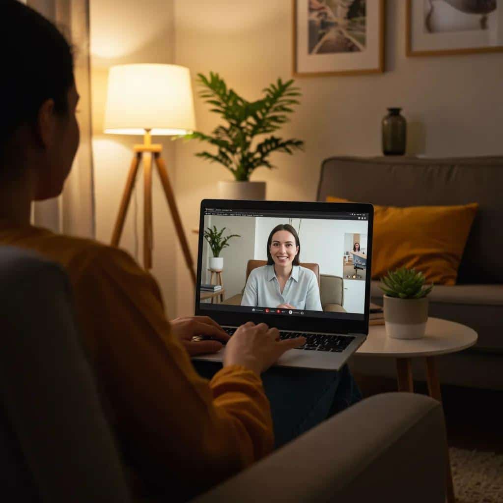 Person participating in a virtual mental health therapy session at home, emphasizing comfort and accessibility