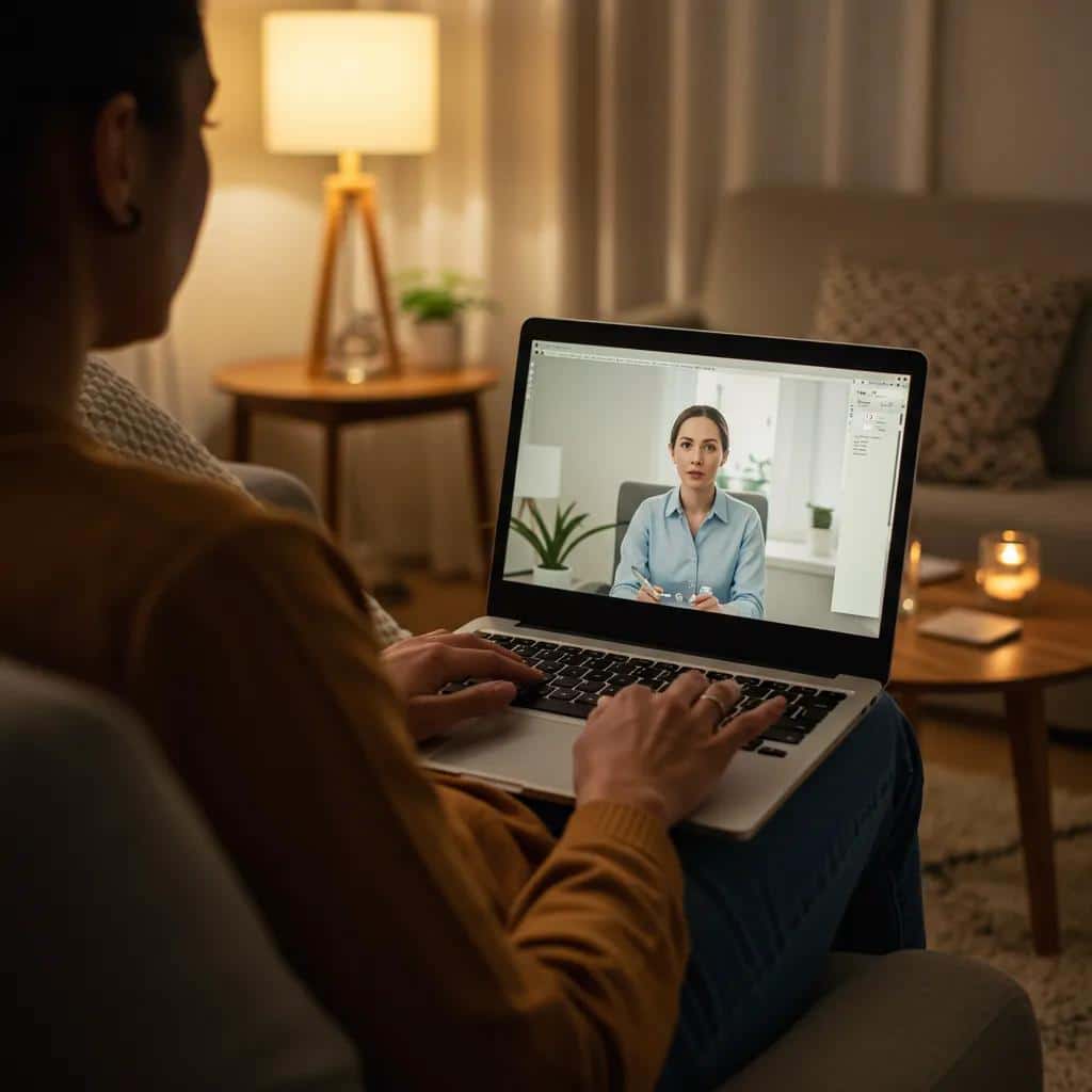 Person participating in a virtual therapy session on a laptop in a cozy home setting