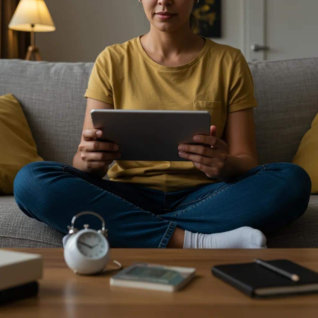 Person practicing mindfulness with a tablet in a cozy setting, illustrating mindful screen time techniques