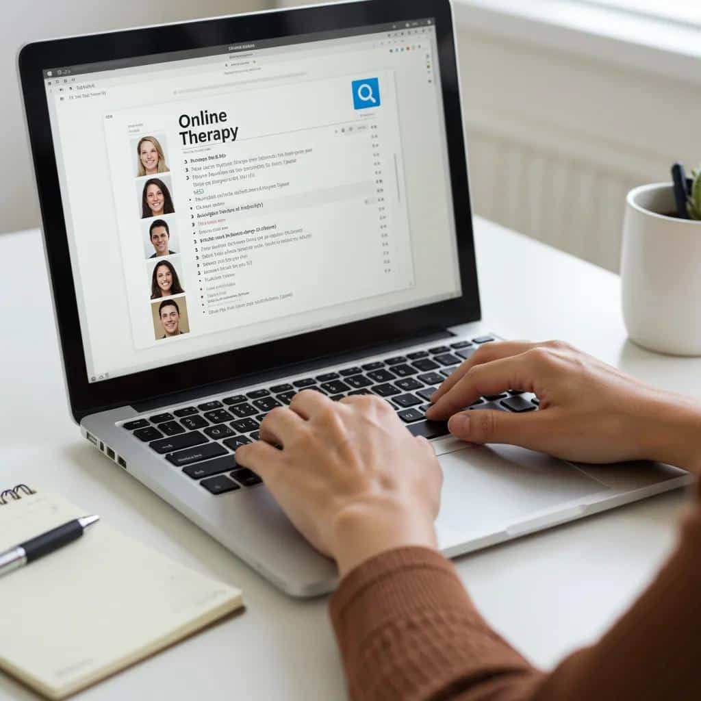 Person researching online therapy providers on a laptop with a notepad