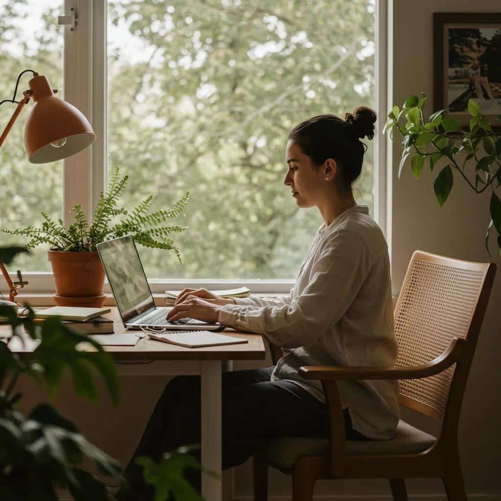Person using a laptop in a peaceful environment, representing the balance of technology and mental health
